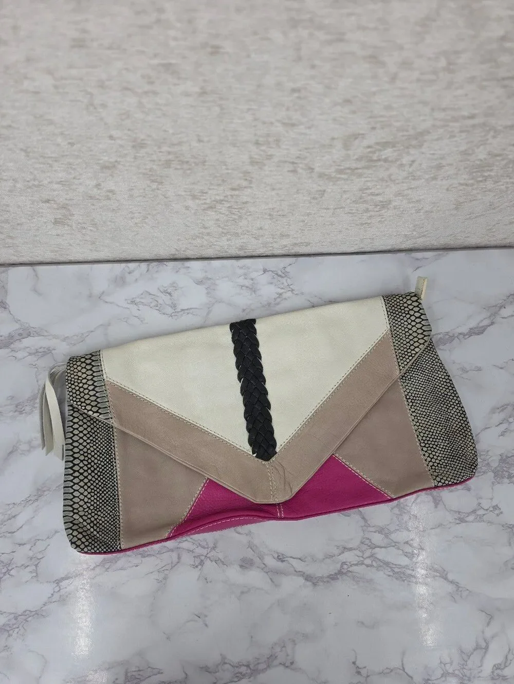 Foley & Corinna Colorblock Leather Clutch Bag in Cream Taupe Fuchsia Snakeskin